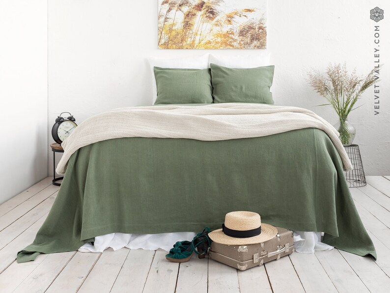 MOSS GREEN linen bedspread olive green king/queen size bed Etsy