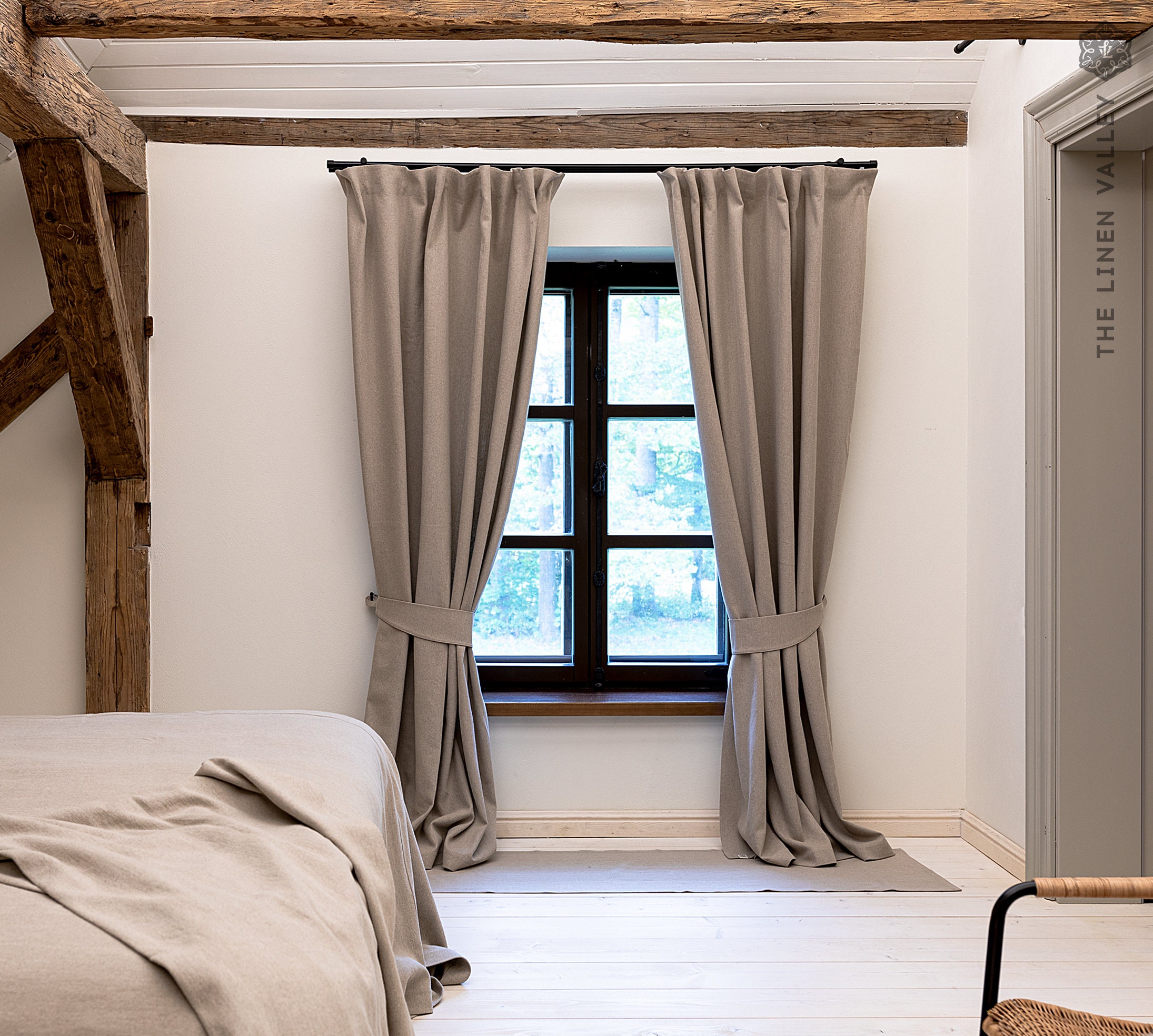 Tende Tollpiz In Lino E Cotone Beige 132x160 Cm - Semitrasparenti Con Linguetta E Tasca Per Camera Da Letto