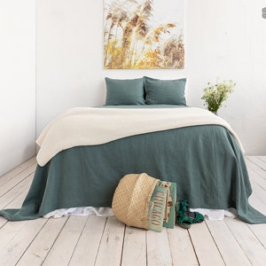 TEAL BLUE linen bedspread- emerald blue linen bed cover- ocean sea  blue queen king size quilt-  linen coverlet-Softened linen throw quilt