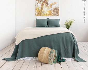 TEAL BLUE linen bedspread- emerald blue linen bed cover- ocean sea  blue queen king size quilt-  linen coverlet-Softened linen throw quilt