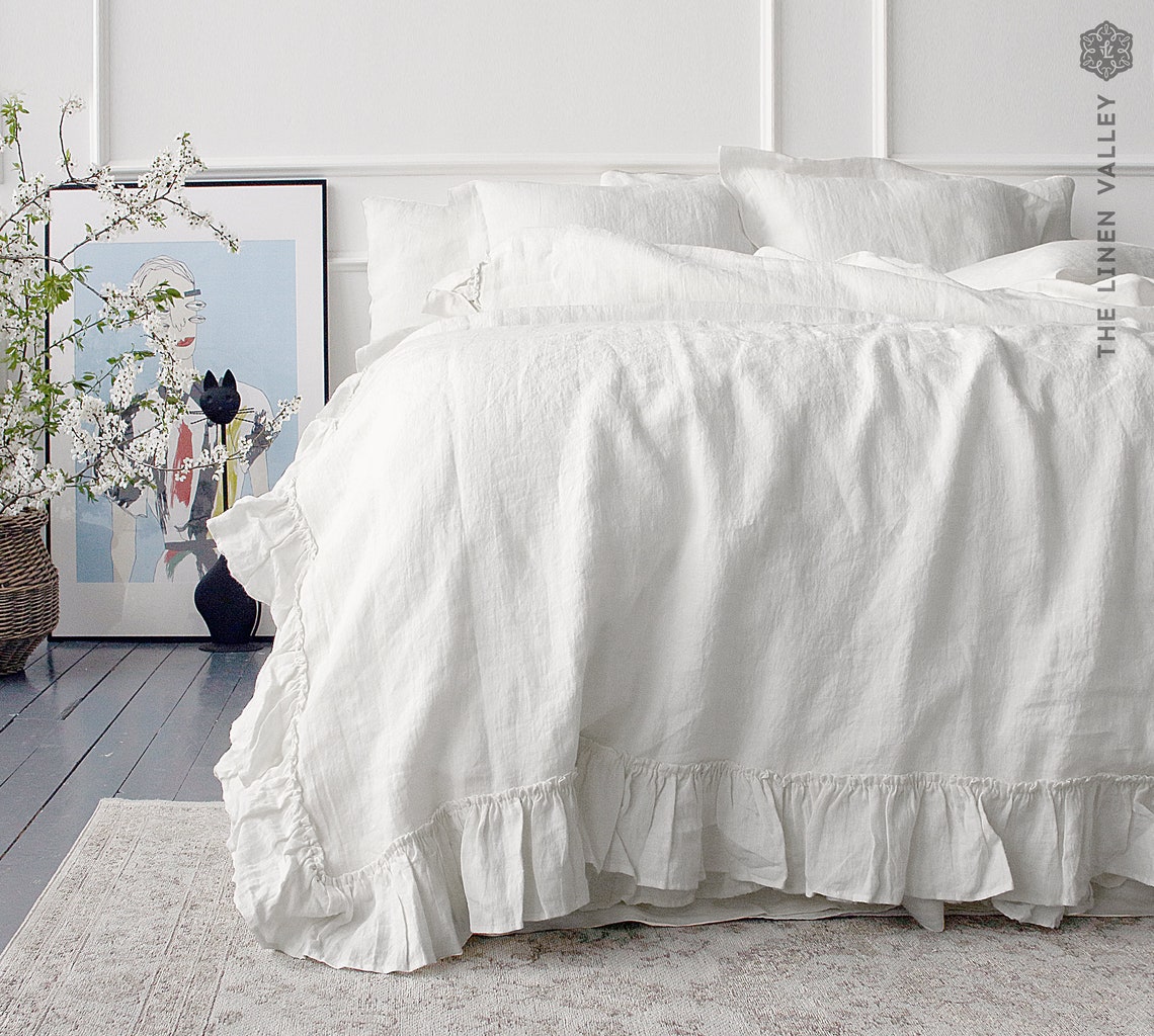 White Ruffle Doona Optical White Linen Comforter Cover-true White Ruffle Bedding- Ruffled ...