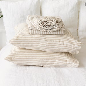 Striped linen set of sheets - 4 pieces linen bed sheet set with stripes - off white fitted sheet, flat sheet &2 pillow cases