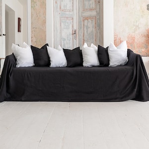 Black linen couch cover-  Jet black linen slipcover - Coal black drop cloth custom size-  Large linen coverlet-  Linen Sectional Cover