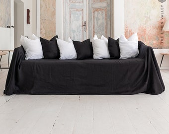 BLACK heavier weight linen couch cover. Jet black linen slipcover. Coal black drop cloth couch. Large linen coverlet. Linen couch throw