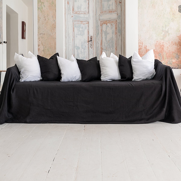 BLACK heavier weight linen couch cover. Jet black linen slipcover. Coal black drop cloth couch. Large linen coverlet. Linen couch throw
