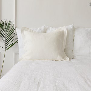 Off white linen Oxford pillow case - white natural linen pillow-  ivory white linen bordered queen, king sizes-white linen pillow