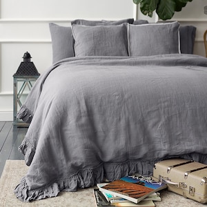 Grey Linen Duvet Cover - Stonewashed Flax Bedding - Ruffled Gray Queen King Comforter - OEKO TEX Certified Mid Weight Natural Linen image 2