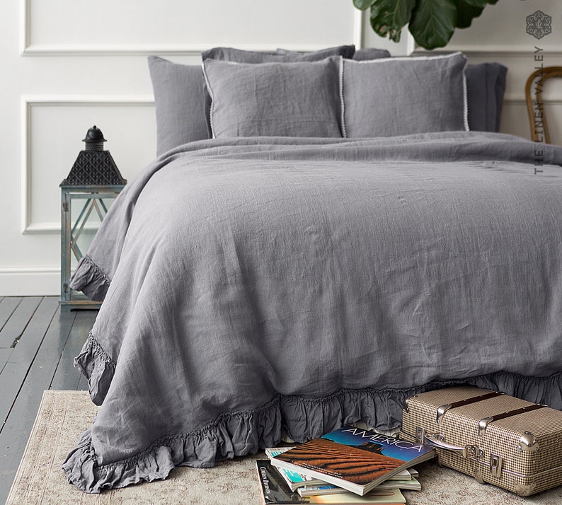 Grey Linen Duvet Cover - Stonewashed Flax Bedding - Ruffled Gray Queen King Comforter - OEKO TEX Certified Mid Weight Natural Linen image 2