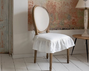 Linen chair slip cover with ruffle - French Brasserie Oval Chair natural linen seat cushion - chair cover romantic - linen chair protection