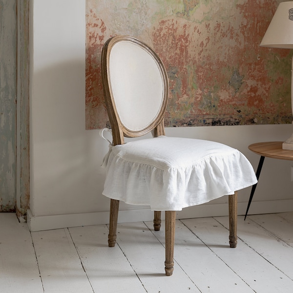 Housse de chaise en lin avec volant - chaise ovale de brasserie française coussin d'assise en lin naturel - housse de chaise romantique - protection de chaise en lin