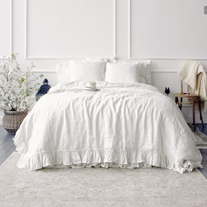 Optical white linen comforter cover-true white ruffle bedding- Ruffled off white white queen/king size doona cover-French ruffled duvet