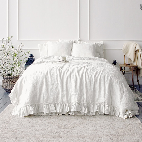 OPTICAL WHITE Leinen Bettbezug-true white Rüschenbettwäsche- Rüschenbettwäsche weiß weiß queen/king size doona cover-French rüfled duvet