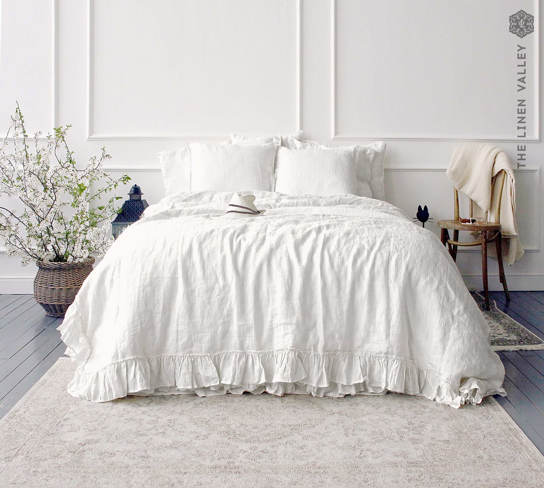 OPTICAL WHITE Linen Comforter Cover-true White Ruffle Bedding