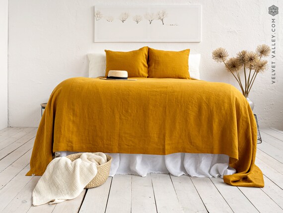 Amber Yellow Linen Bedspread Saffron King Queen Size Bed Etsy