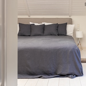 Charcoal grey linen bedspread -dark grey king/queen size bed cover- heavier linen bed throw-charcoal grey colour linen throw