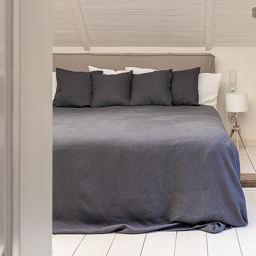 CHARCOAL GREY Linen Bedspread dark Grey 