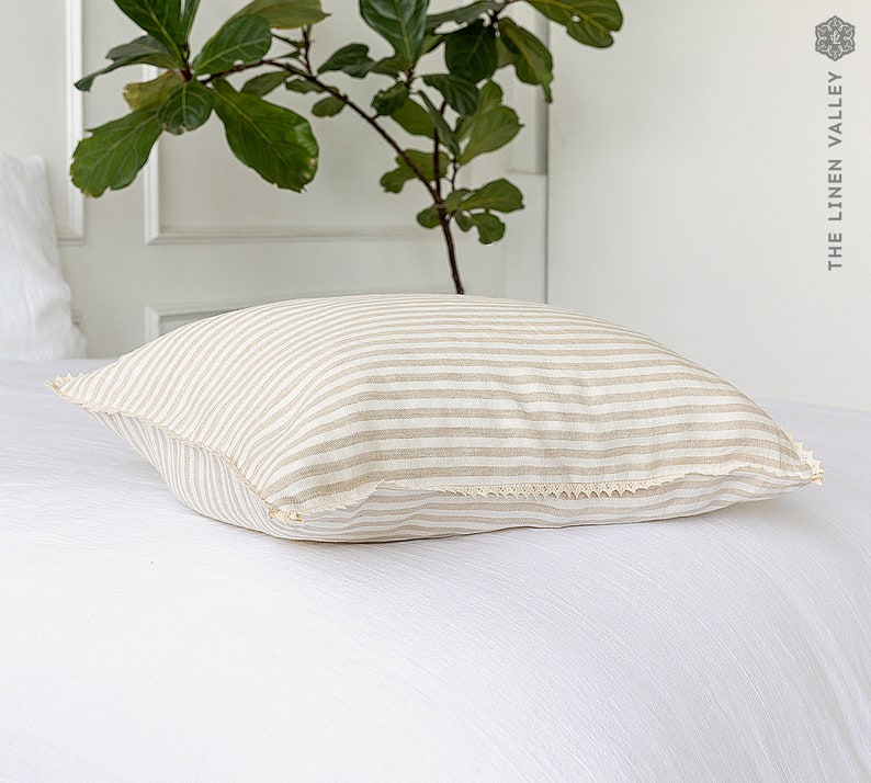 STRIPED linen pillow case with lace off white linen pillow housewife standard, queen, king sizes pinstriped linen pillow image 3