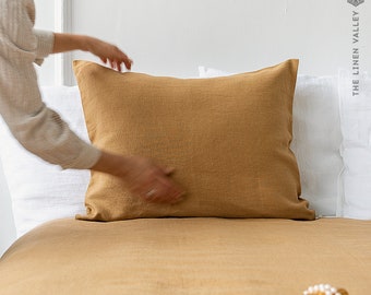 Funda de almohada de lino DUSTY MUSTARD -almohada marrón camel polvorienta- almohada de sobre de canela estándar, queen, king size-almohada de canela de lino