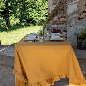 Cinnamon linen tablecloth- mustard brown table decoration-handmade, stone washed linen tablecloth with ruffles