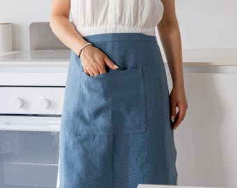 Ocean Blue Linen Apron- Stonewashed Soft Flax Cafe Apron - Handmade Waist Apron - Short Unisex Apron