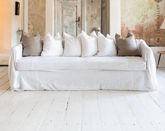 ANTIQUE WHITE heavier weight linen slipcover. Linen couch cover. Linen drop cloth couch cover. Large linen coverlet. Linen sofa cover