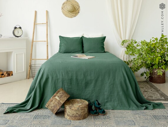 Linen Sage Green Bedspread Softened Linen Bed Cover Green Etsy