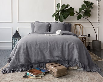 CHARCOAL GREY linen comforter cover -shabby chic bedding-ruffled charcoal grey queen/king size doona cover- comforter queen