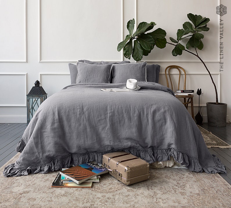 Grey Linen Duvet Cover - Stonewashed Flax Bedding - Ruffled Gray Queen King Comforter - OEKO TEX Certified Mid Weight Natural Linen image 1
