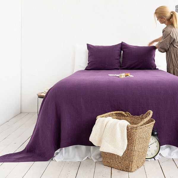 DEEP PURPLE linen bedspread -Dark plum king/queen size bed cover- rich purple heavier linen bed throw- eggplant colour linen throw