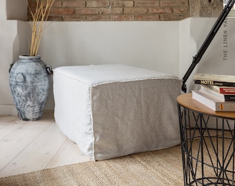Linen Ottoman Slipcover - Custom square Pouf Cover Without the Bottom - Natural Foot Stool Case - Eco-friendly Cover for Home