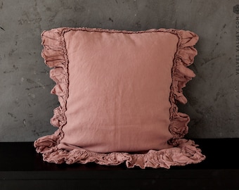 WOOD ROSE linen pillow case with ruffles - Antique rose luxurious stonewashed linen pillow case- standard, queen, king, deco, lumbar size