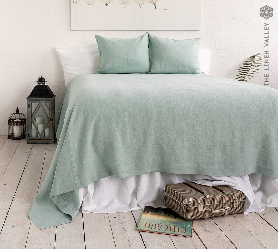 DUCK EGG Blue Linen Bedspread Light Blue King/queen Size Bed Etsy
