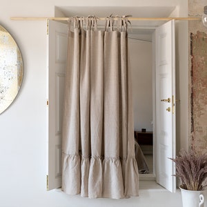 Natural unbleached linen  curtain with ruffles (1 pcs) - semi sheer window drape -panel pole pocket-custom size -Tie top linen curtain