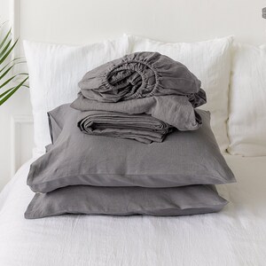 NATURAL UNBLEACHED linen set of sheets 4 pieces linen bed sheet set rustic linen fitted sheet, flat sheet &2 pillow cases Charcoal grey