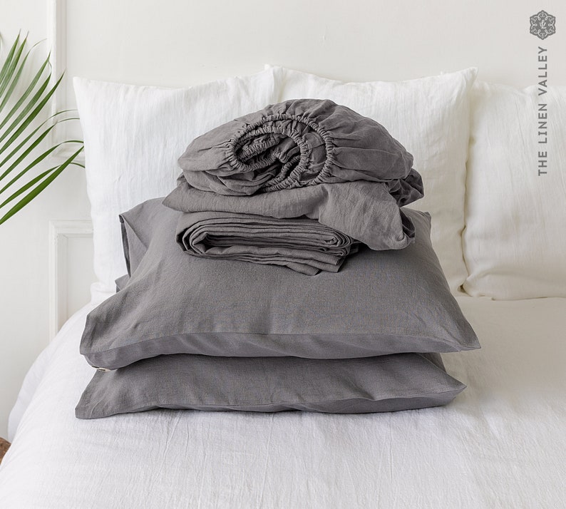 NATURAL UNBLEACHED linen set of sheets 4 pieces linen bed sheet set rustic linen fitted sheet, flat sheet &2 pillow cases Charcoal grey