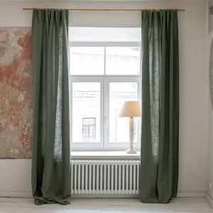 MOSS GREEN linen curtain (1 panel)-olive green heavier linen drape with lining -various colours- rod pocket, rings, clips