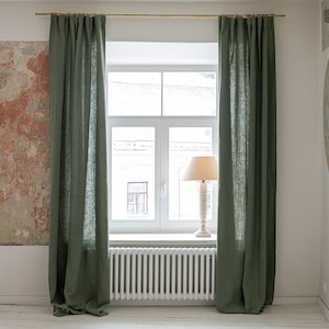 Moss green linen curtain (1 pcs)-olive green heavier linen drape with lining -various colours- rod pocket, rings, clips