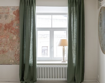Moss Green Linen Curtain - Pencil Pleat  Window Drape- Stonewashed Green Natural Flax - Heavy Linen Drapery for Modern and Classic Homes
