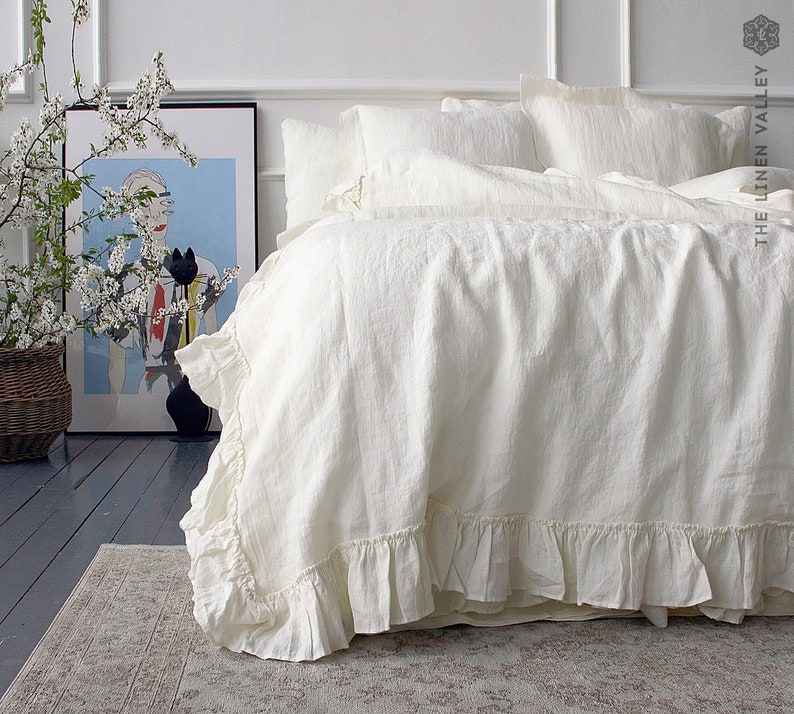 OFF WHITE Linen Comforter Cover White Ruffled Bedding White Etsy