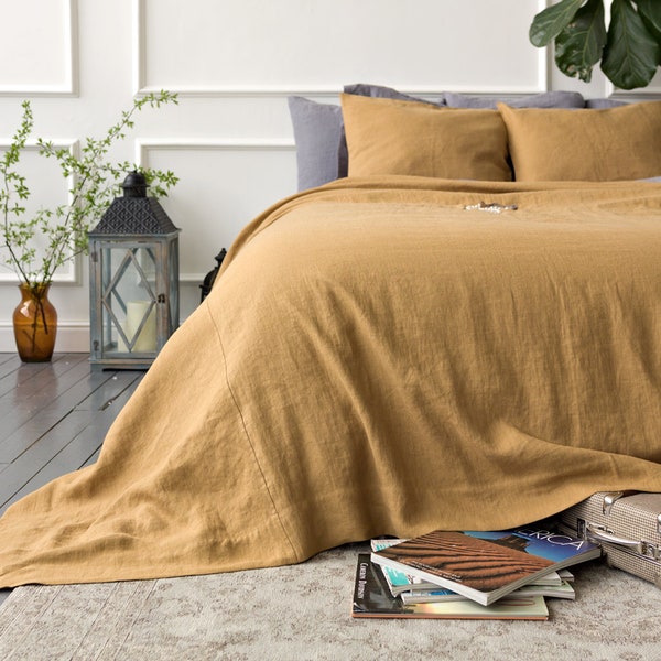 Special offer-Linen mustard bedspread- queen size-103x96"/260x245 cm -dusty camel brown queen size bed cover- heavier linen bed throw