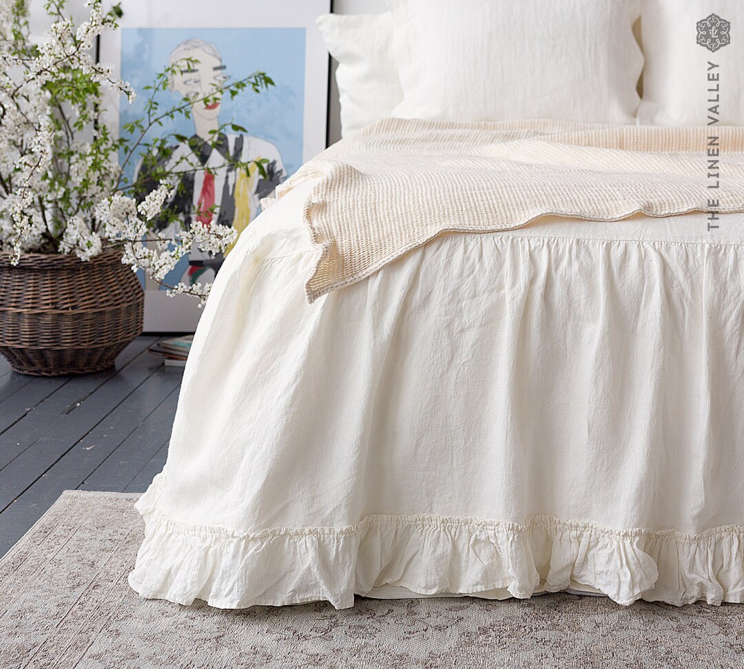 OFF WHITE Linen Bed Valance With Ruffles Softened Linen Dust Ruffle