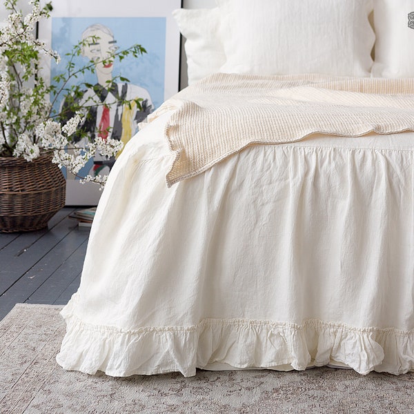 OFF WHITE linen bed valance with ruffles- Softened linen dust ruffle- Vintage look French style linen bed skirt- Softened linen coverlet