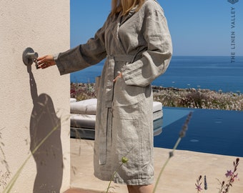 Linen bathrobe- Hooded linen robe - Bathrobe for women