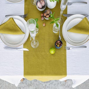 Olive Green Linen Table Runner, Stonewashed Natural Flax Dining Decor, Farmhouse Rustic Table Decor, Wedding Centerpiece
