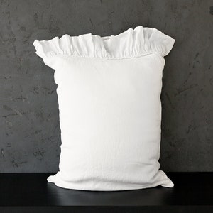 Optical white linen pillow sham with ruffles - true white linen standard, queen, king, sizes- bright white  softened linen pillow