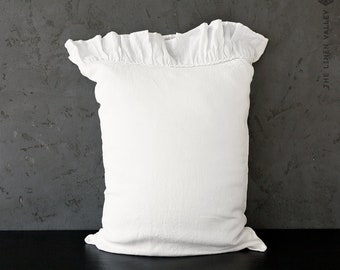 OPTICAL WHITE linen pillow SHAM with ruffles - true white linen standard, queen, king, sizes- bright white  softened linen pillow