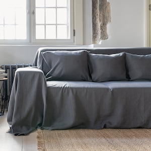 Charcoal grey heavier weight linen couch cover. Grey linen slipcover. Dark grey drop cloth couch. Large linen coverlet. Linen couch throw