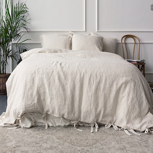 STRIPED linen set of comforter cover and pillows - off white linen bedding - linen doona cover - Velvet Valley linen bed set