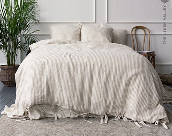 Natural Striped Linen Duvet Cover Set –  Queen King Bedding – European Flax, Stonewashed Medium Weight Linen, Breathable Bedding Set