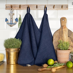 Linen Tea Towels 2 Pcs. NAVY BLUE Linen Tea Towels. Hand 